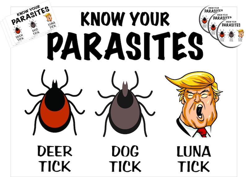 May include: A humorous illustration depicting three types of ticks: a deer tick, a dog tick, and a "Luna tick" which is a cartoon of Donald Trump's head. The image includes the text "Know Your Parasites".