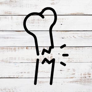 Puede incluir: Dibujo en blanco y negro de un hueso roto. El hueso se representa como un hueso largo con una grieta en el medio. La grieta se representa mediante una línea irregular.