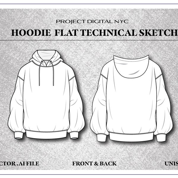 Fashion CAD Technical Flat Drawing of Unisex Hoodie
