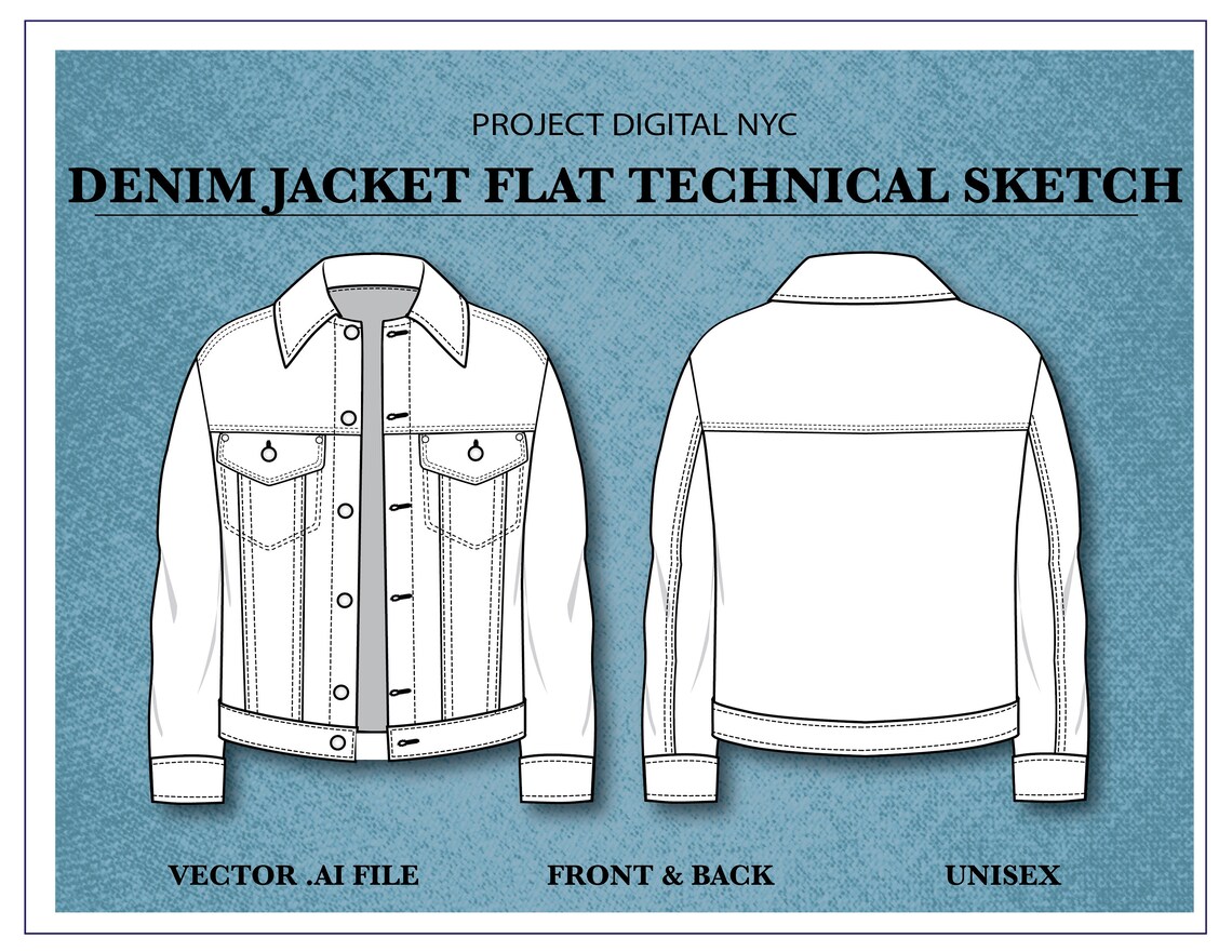 Fashion CAD Technical Flat Drawing of Unisex Denim Jacket - Etsy