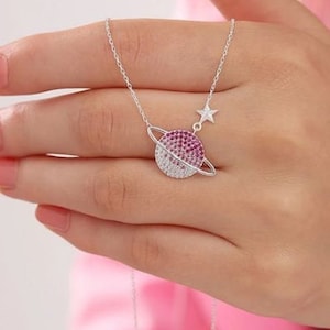 925 Sterling Silver Planet Necklace. Dainty Saturn Necklace. Pink Saturn Necklace. Zircon Planet jewelry. Silver Pendant Necklaces.