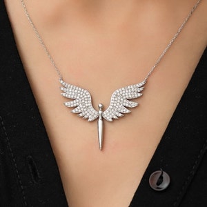 FFİX ARCHANGEL NECKLACE. Saint Michael Necklace For Mother. Religious Necklace. Angel Wings Jewelry. White gold Angel PEndant