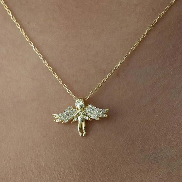 Dainty Baby Angel Cherubim Charm Pendant Or 18 carats. Ange Pendentif Gardien Protection Collier Anniversaire Cadeau De Noël Pour Femmes Hommes Enfants