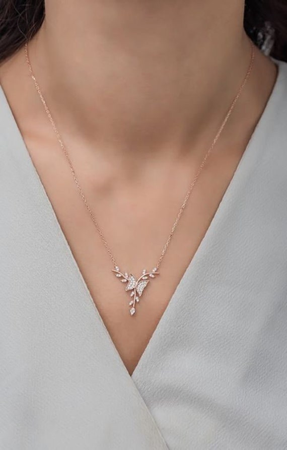 Collana Con Farfalla In Argento Sterling 925 E Cristallo Rosa - Ciondolo A Farfalla Con Zirconi Cubici AAAAA, Catena 45 Cm, Regalo Donna