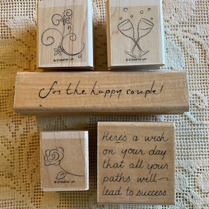 Wood block 5 pc Rubber stamp set “for the happy couple”, champagne, toast, flower