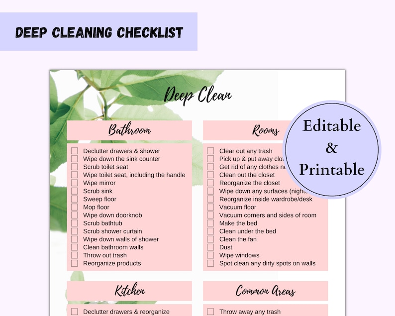 Deep Cleaning Checklist, Deep Cleaning List, Editable Cleaning ...