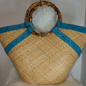 PUTU by J. MacLear Straw and Leather tote with Round Bamboo Handles image 1