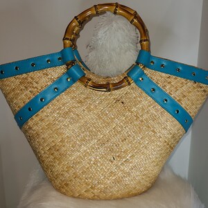 PUTU by J. MacLear Straw and Leather tote with Round Bamboo Handles image 2
