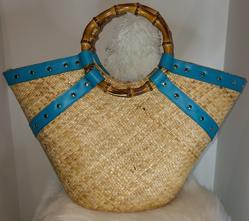 PUTU by J. MacLear Straw and Leather tote with Round Bamboo Handles image 2