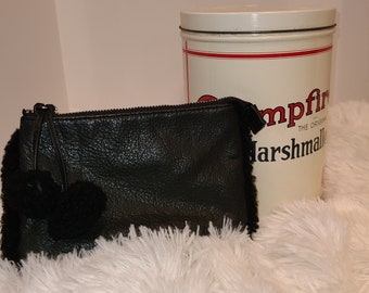 Margot Black Leather and Lambswool Makeup Bag or Clutch