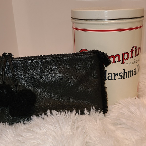 Margot Black Leather and Lambswool Makeup Bag or Clutch