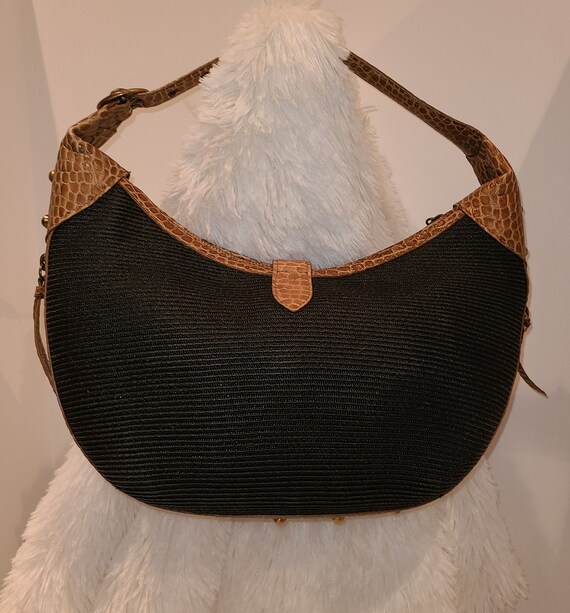 Eric Javits Black Straw Squishee Croc Brown Leath… - image 2