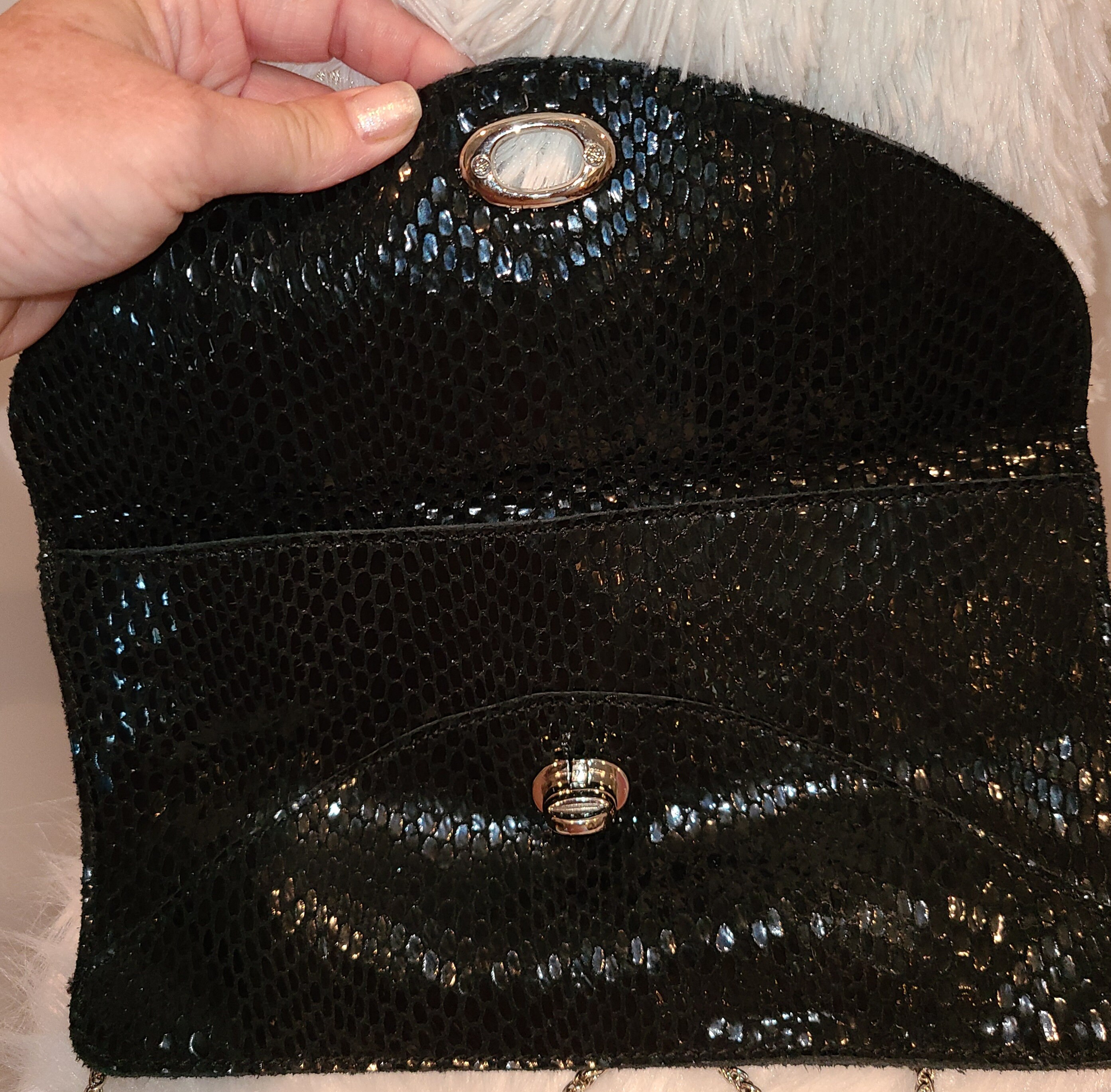 Sorial Black Leather and Suede Snakeskin Embossed Crossbody 