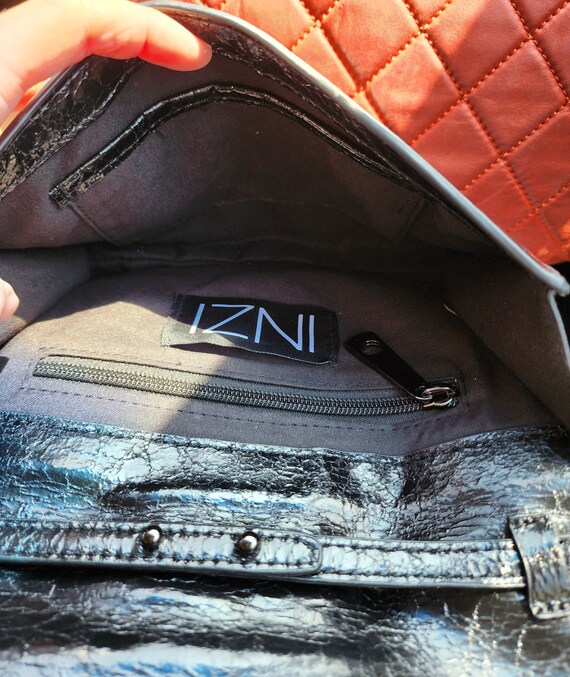 Inzi Studded Bow Turnlock Closure Black Leather Crossbody Clutch