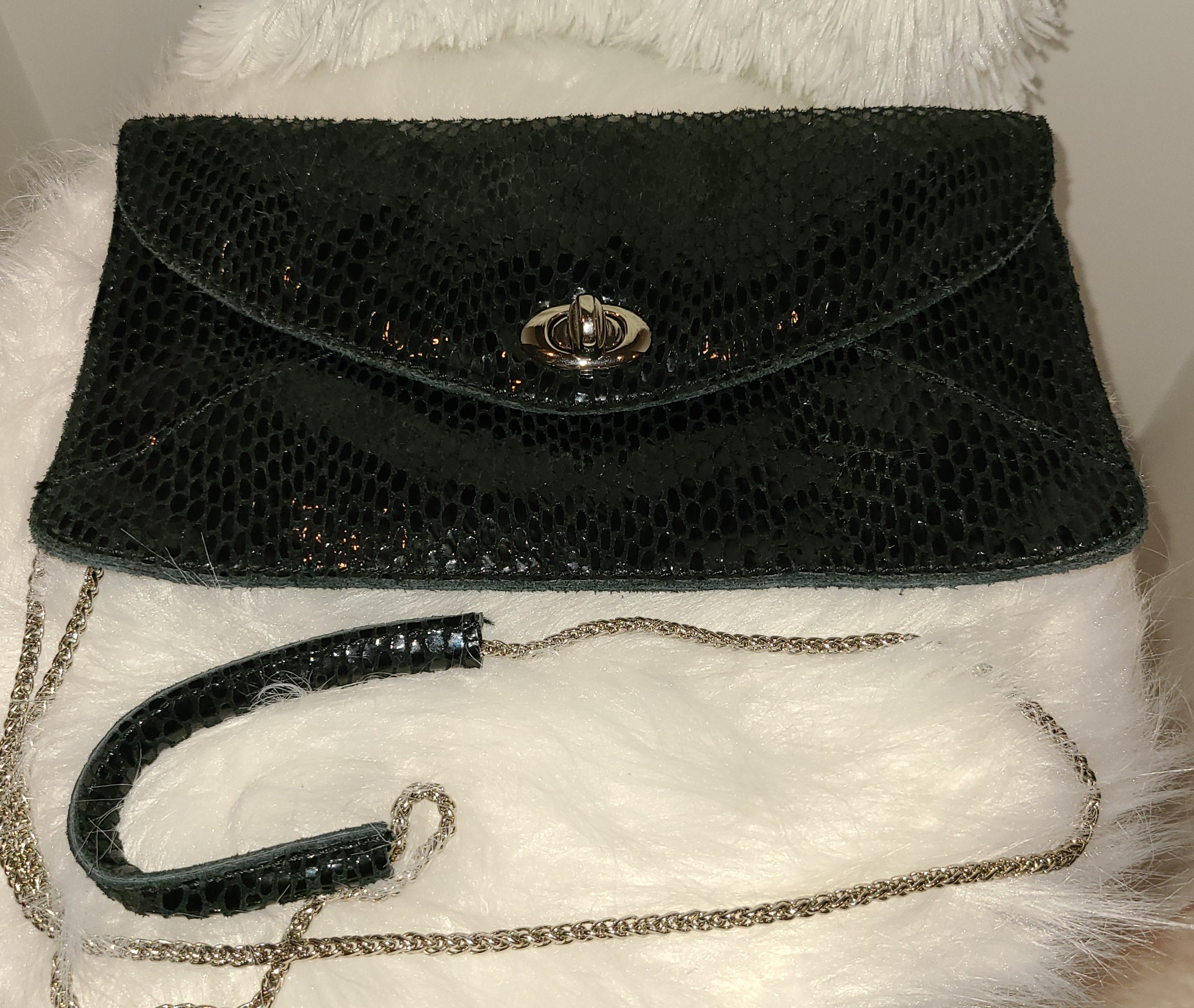 Sorial Black Leather and Suede Snakeskin Embossed Crossbody 