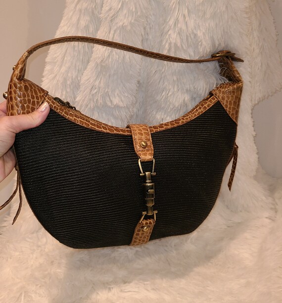 Eric Javits Black Straw Squishee Croc Brown Leath… - image 3