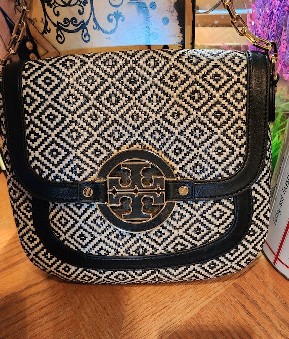 Tory Burch Black and White Leather and Raffia / St