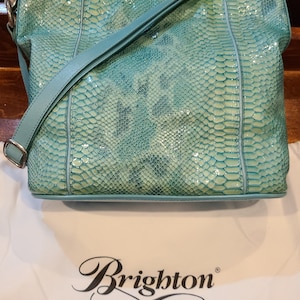 Brighton Turquoise Patent Leather Snakeskin Embossed Zipper Shoulder Bag