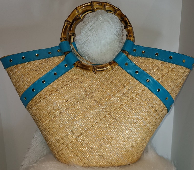 PUTU by J. MacLear Straw and Leather tote with Round Bamboo Handles image 1