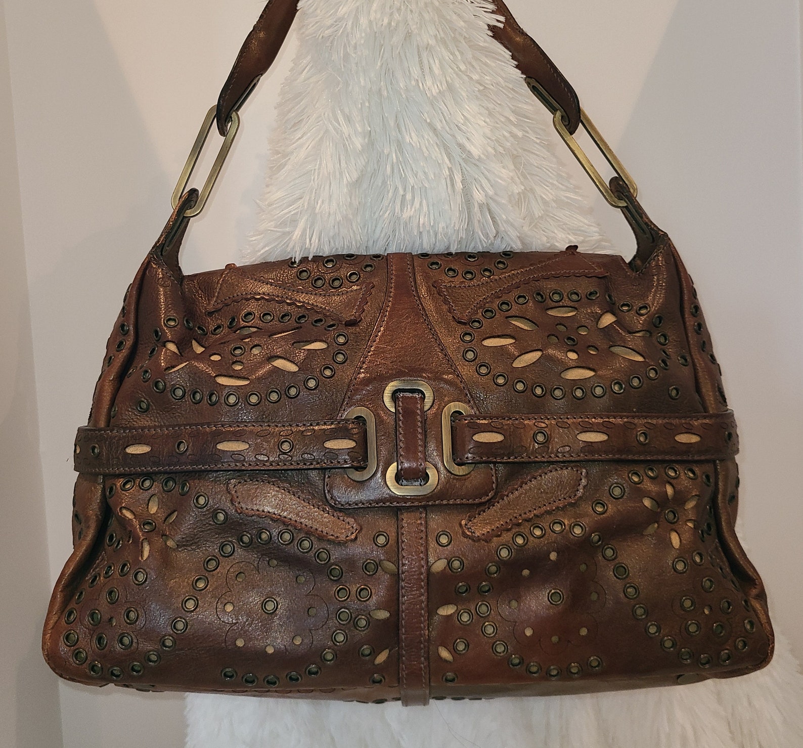 Jimmy Choo Brown Leather and Brads Western Cutout Hobo Etsy