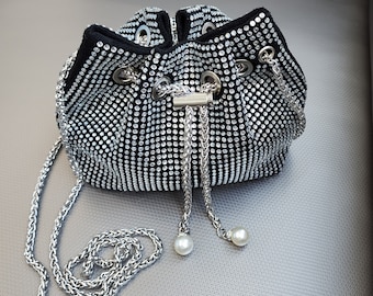 Anna and Elle Small Silver and Black Rhinestone Drawstring Evening Bag