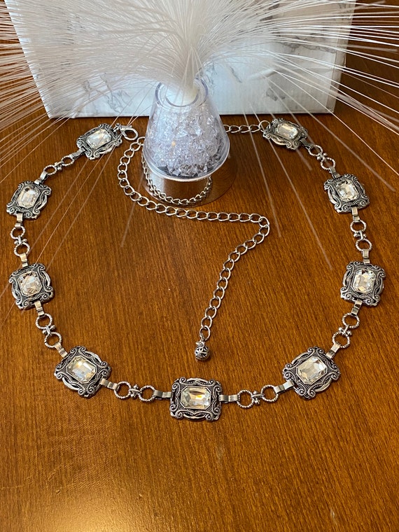 Vintage Style Rhinestone Concho Chain Belt: Antique Silver  display picture 1
