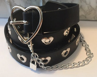 Metal grommets belt, punk, gothic, emo, motorbiker, rocker belt, keychain belt, heart grommets & padlock charm black belt