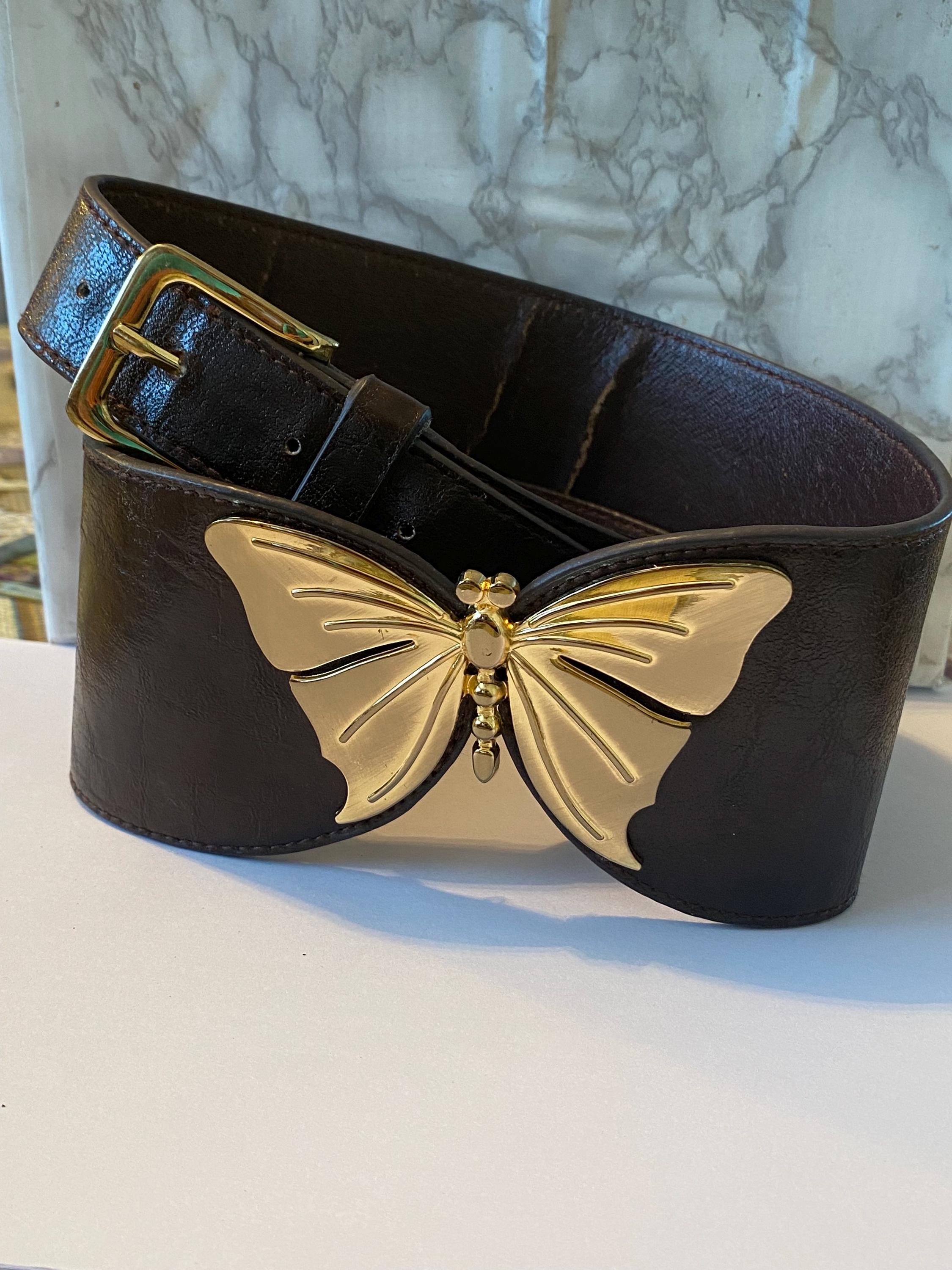 Enamel Butterfly Genuine Italian Leather Brown Purple Yellow Thin Belt Medium Mustard Perforated Vintage Feel Crystal Butterfly Belt  main image 4