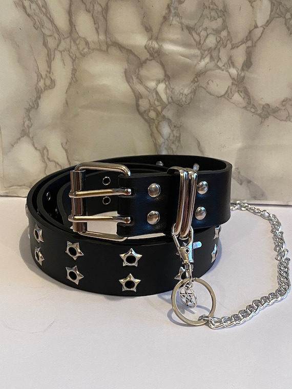 Double Grommet Star Belt with Chains, Punk Goth Accessory YOGEYOGE Studded Belt Y2K Belt with Chain Star Women Goth  main image 2