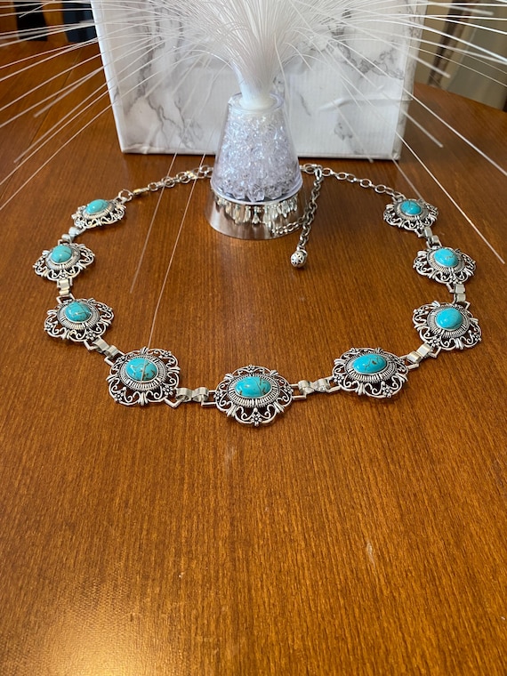 Turquoise Concho Belt: Silver Boho Western Chain Waist Belt 