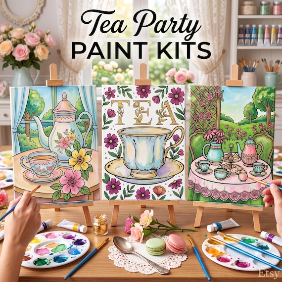 Tea Party Paint Kit: Pre-printed Canvases for Kids' Birthday Activities & Colorful DIY Favors