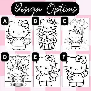 May include: A black and white graphic sheet titled Design Options featuring six distinct line art illustrations of a cat character. Panel A shows the cat with a paintbrush and palette, B with a cupcake, C with balloons, D with a cake, E with a teddy bear, and F with a flower.