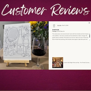 May include: A white canvas on a wooden easel featuring a black line drawing of a tennis racket, two tennis balls, a wine bottle labeled Wine & Tennis Pinot Noir, and a wine glass. Next to it is a glass of red wine and a customer review.