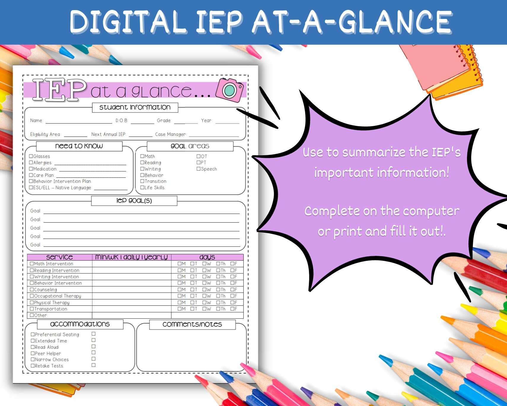 Special Education IEP SPED Snapshot Printable or - Etsy