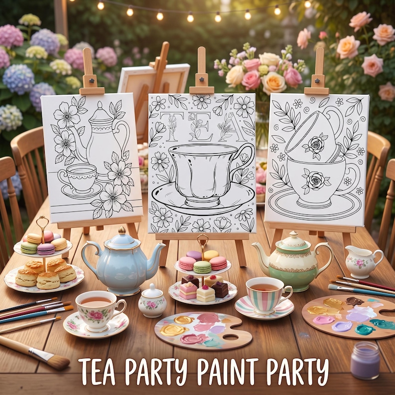 May include: Three canvases on wooden easels featuring black and white line art of tea sets and flowers. The center canvas displays the word TEA. Below are ceramic teapots, teacups, tiered trays with macarons and cakes, and paint palettes.