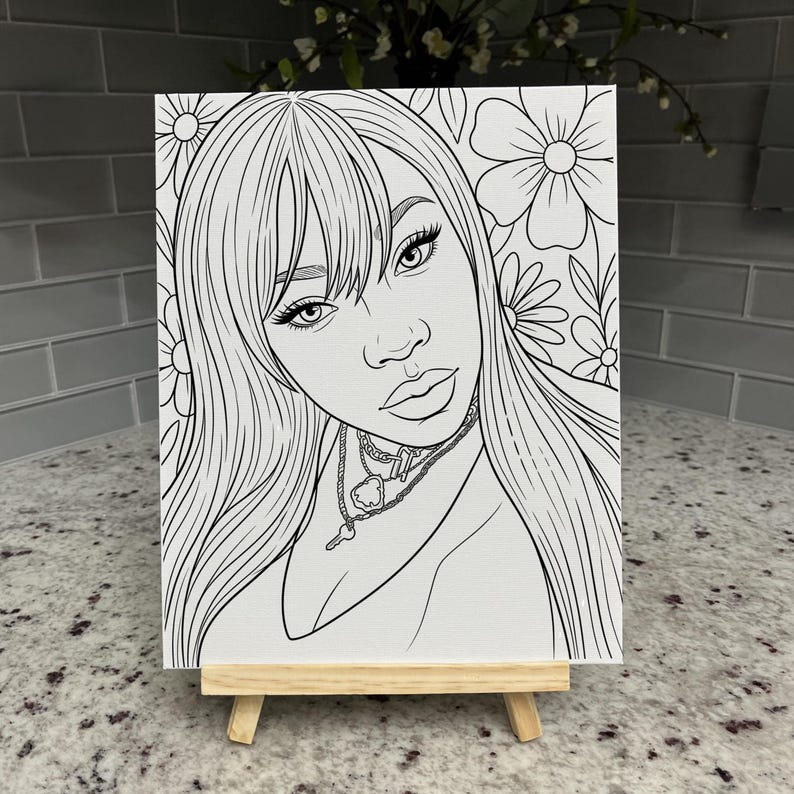 May include: A black and white line art illustration on a rectangular canvas featuring a portrait of a person with long hair, bangs, and layered chain necklaces. The background is filled with large floral outlines. The canvas rests on a wooden easel.