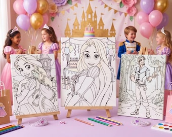 May include: Three rectangular canvases featuring black and white line art illustrations of characters from the movie Tangled, including Rapunzel and Flynn Rider, displayed on small wooden easels with colored pencils and paint sets on a table.