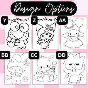 May include: A black and white coloring sheet titled Design Options featuring six distinct character illustrations labeled Y, Z, AA, BB, CC, and DD. The images include a frog, a jester-like character, a puppy with balloons, a rabbit, a dog with ice cream, and a penguin.