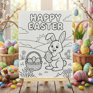 May include: A canvas print with the words "HAPPY EASTER" and a cartoon bunny holding an Easter egg. The bunny is next to a basket of eggs. The canvas is on a small wooden easel, with Easter eggs and baskets in the background.