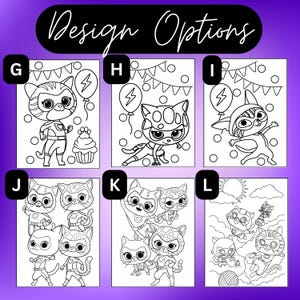 May include: Black and white illustrations of superhero cats, each with unique costumes and poses. Some images include balloons, cupcakes, and festive bunting. The text "Design Options" is at the top.