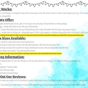 May include: An informational graphic with a light blue watercolor background and black text detailing paint party kits. It lists How It Works, What We Offer, Canvas Sizes Available from 5x7 to 11x14 inches, Shipping Information, and Reviews.