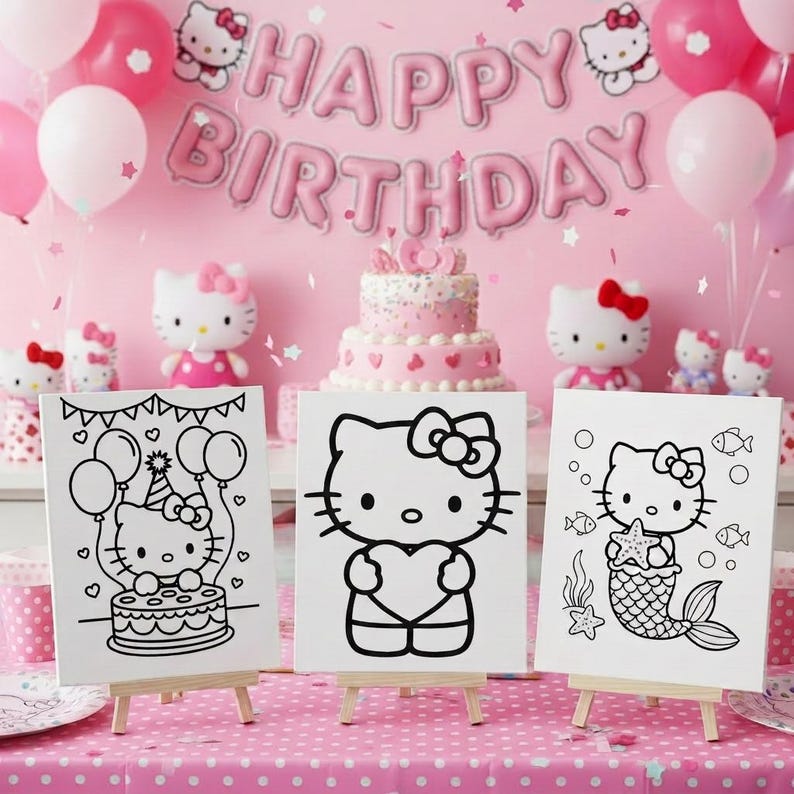 May include: Three white rectangular canvases on wooden easels, each featuring a black line art illustration of Hello Kitty. The left canvas shows Hello Kitty with a birthday cake and balloons, the center shows her holding a heart, and the right shows her as a mermaid.