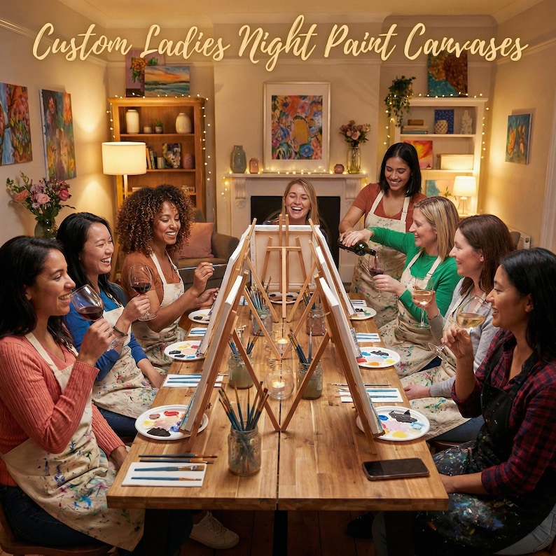 May include: A group of people gathered around a long wooden table for a painting session, each with a canvas on a wooden easel, paint brushes in jars, and palettes. The text Custom Ladies Night Paint Canvases is displayed at the top.