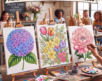 May include: Three pre-printed canvases on wooden easels featuring floral illustrations of a blue and purple hydrangea, a bouquet of tulips and daffodils, and a large pink peony, with paint supplies and brushes on a wooden table.