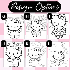 May include: A collection of six black and white line art illustrations labeled Design Options G through L, each featuring the character Hello Kitty in different activities including holding an ice cream cone, blowing bubbles, and flying a kite.