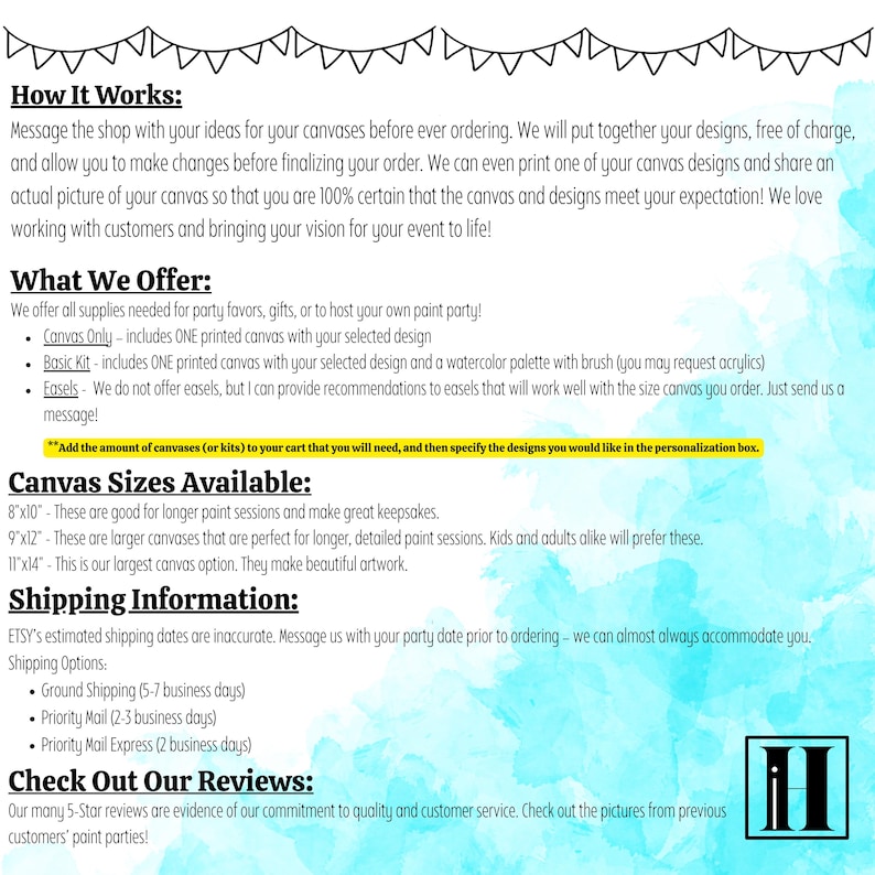 May include: An informational graphic with a light blue watercolor background and black text detailing custom canvas services. It outlines the ordering process, kit options including canvas and paint, available sizes of 8x10, 9x12, and 11x14 inches.