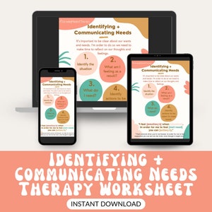 May include: A printable worksheet with a pink, green, and blue color scheme. The worksheet is titled "Identifying + Communicating Needs Therapy Worksheet" and includes a four-step process for identifying and communicating needs. The steps are: 1. Identify the situation, 2. What am I feeling as a result?, 3. What do I need?, and 4. Identify actions to be taken to meet needs.