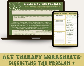 May include: Two digital worksheets for ACT therapy. The first worksheet is titled "Dissecting the Problem" and the second worksheet is titled "Stages of Change - Readiness". Both worksheets are on a laptop and tablet screen.