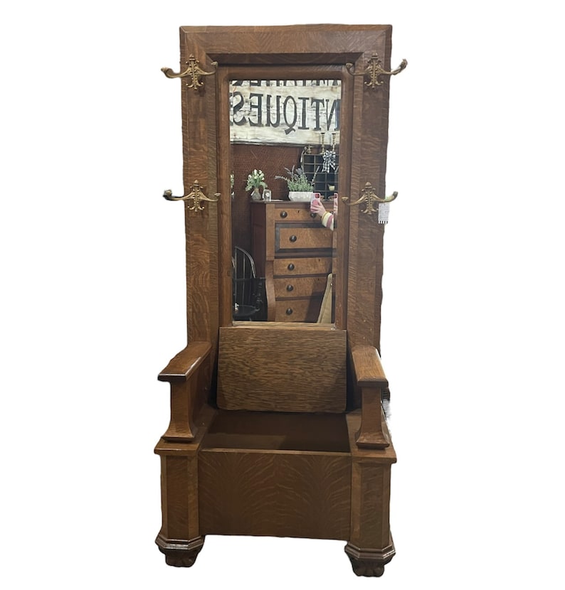 Antique Tiger Oak Hall Tree With Mirror and Storage Bench - Etsy
