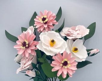 Mixed Paper Flower Bouquet, Home Decor Centerpiece, Paper Anniversary, Get Well Allergy Friendly, Gift for Her, Rose, Ranunculus, Zinnia